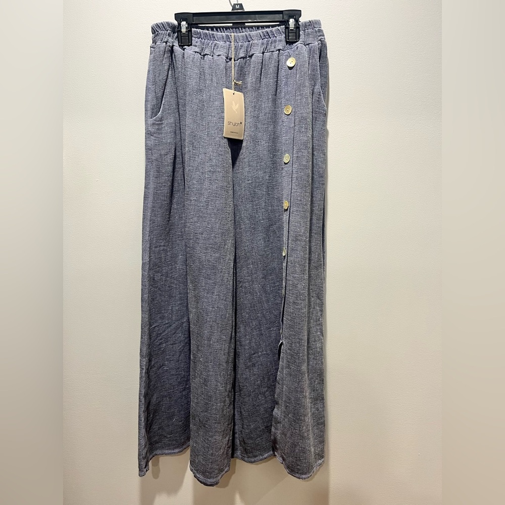 NWT One Size Blue WASHED WIDE‎ LEG SIDE BUTTON TROUSERS,Elastic Waist